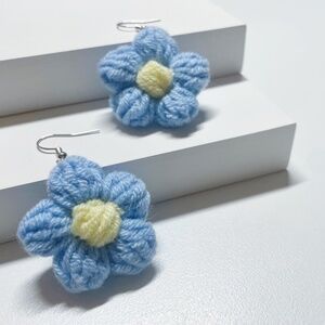 1pair Hand Knitted Crochet Flower Dangle Earrings, Blue and Yellow Floral